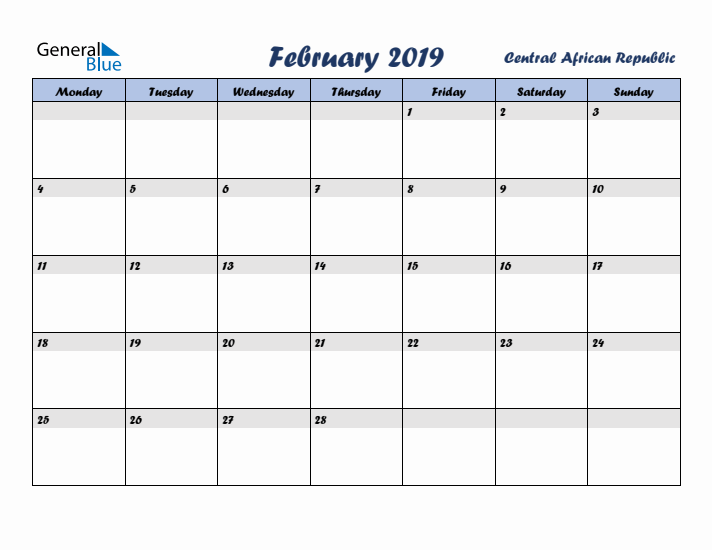 February 2019 Calendar with Holidays in Central African Republic