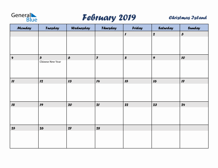 February 2019 Calendar with Holidays in Christmas Island