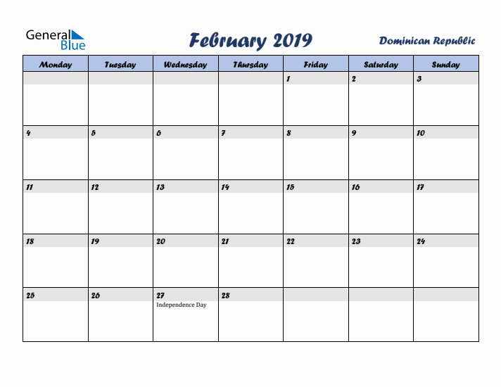 February 2019 Calendar with Holidays in Dominican Republic