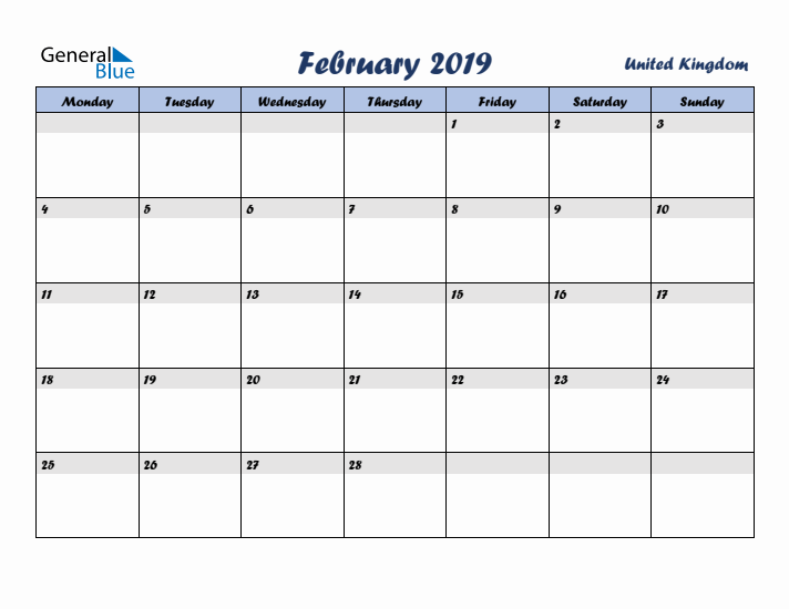 February 2019 Calendar with Holidays in United Kingdom