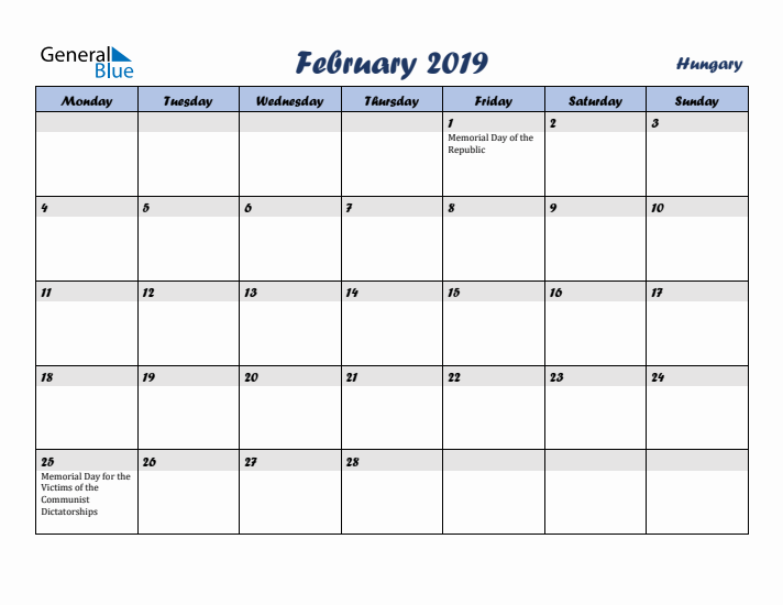 February 2019 Calendar with Holidays in Hungary