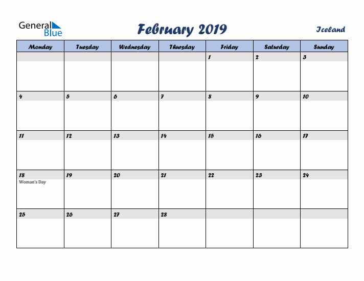 February 2019 Calendar with Holidays in Iceland