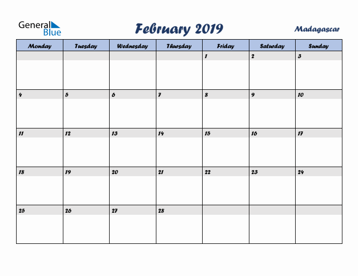 February 2019 Calendar with Holidays in Madagascar