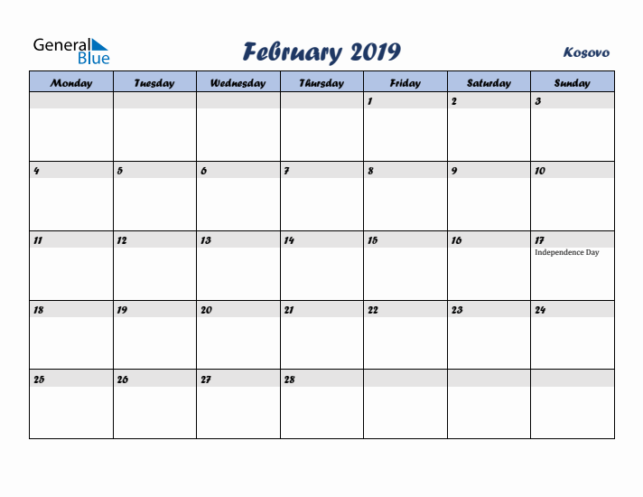 February 2019 Calendar with Holidays in Kosovo