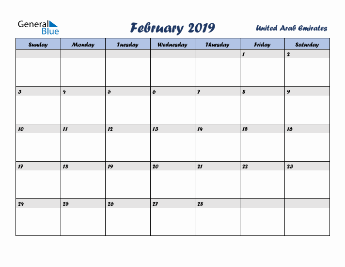 February 2019 Calendar with Holidays in United Arab Emirates