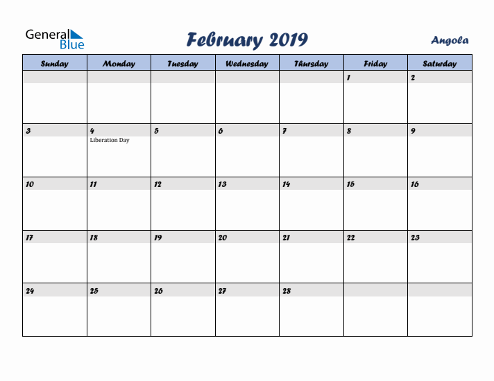 February 2019 Calendar with Holidays in Angola