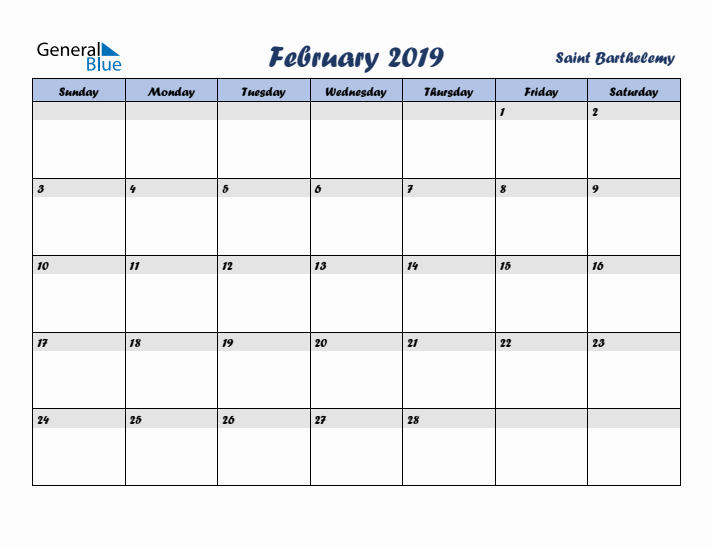 February 2019 Calendar with Holidays in Saint Barthelemy