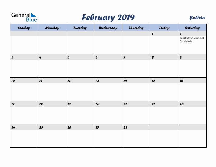 February 2019 Calendar with Holidays in Bolivia