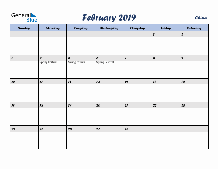 February 2019 Calendar with Holidays in China