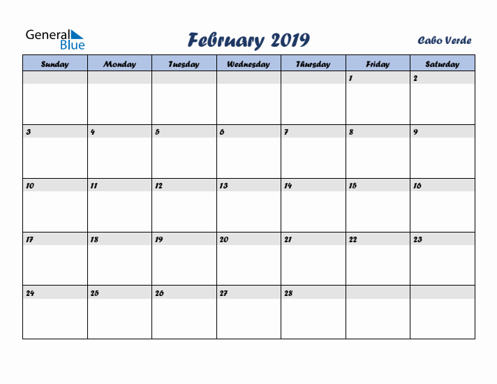 February 2019 Calendar with Holidays in Cabo Verde