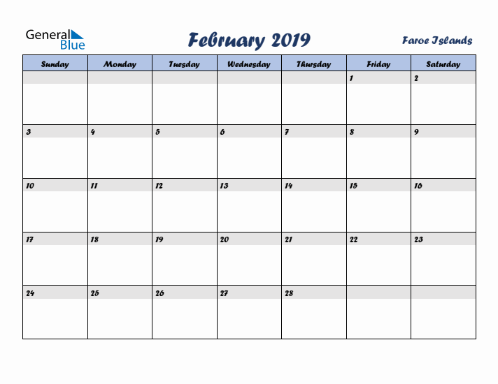 February 2019 Calendar with Holidays in Faroe Islands