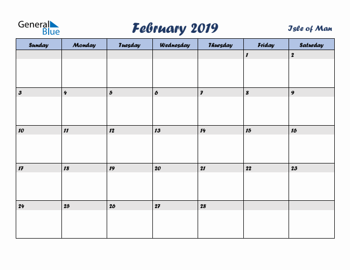 February 2019 Calendar with Holidays in Isle of Man