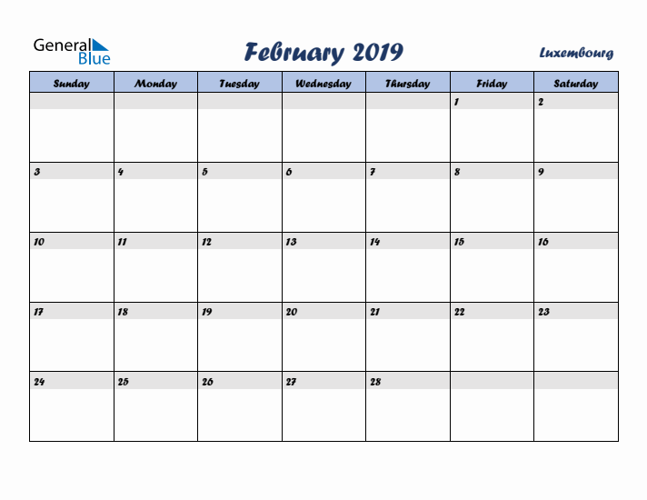 February 2019 Calendar with Holidays in Luxembourg