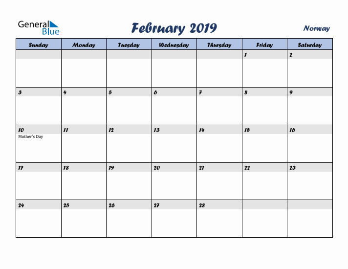 February 2019 Calendar with Holidays in Norway