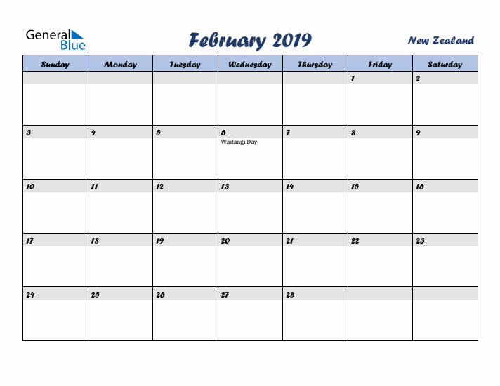 February 2019 Calendar with Holidays in New Zealand