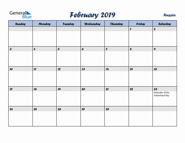 February 2019 Calendar with Holidays in Russia