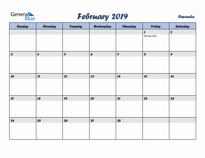 February 2019 Calendar with Holidays in Rwanda