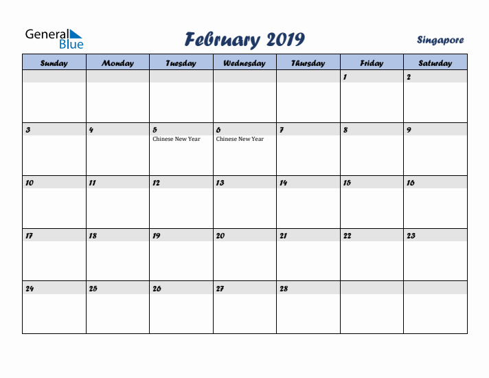 February 2019 Calendar with Holidays in Singapore