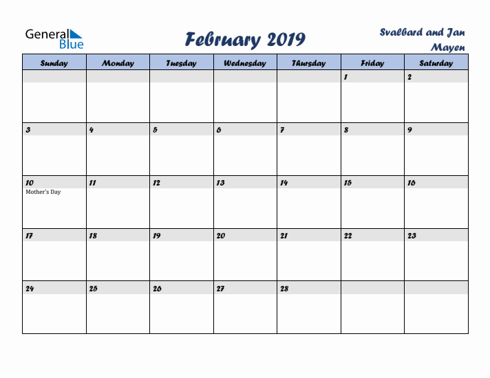 February 2019 Calendar with Holidays in Svalbard and Jan Mayen