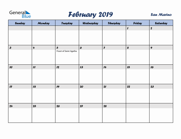 February 2019 Calendar with Holidays in San Marino