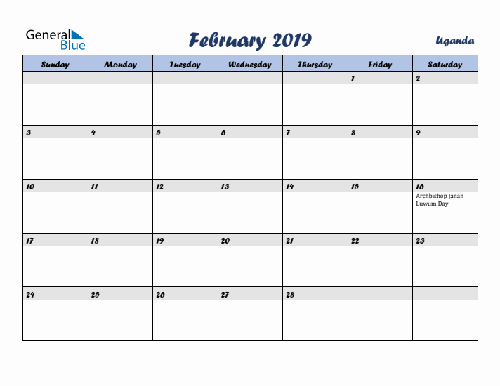 February 2019 Calendar with Holidays in Uganda