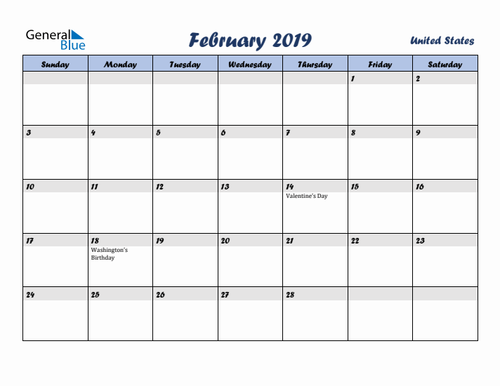 February 2019 Calendar with Holidays in United States