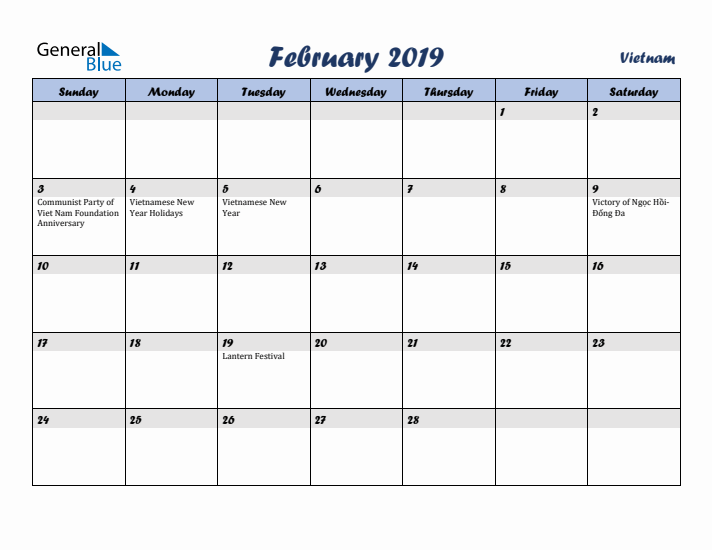 February 2019 Calendar with Holidays in Vietnam