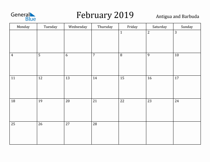 February 2019 Calendar Antigua and Barbuda