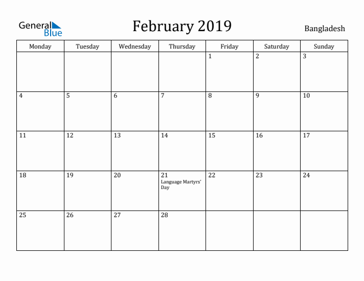 February 2019 Calendar Bangladesh