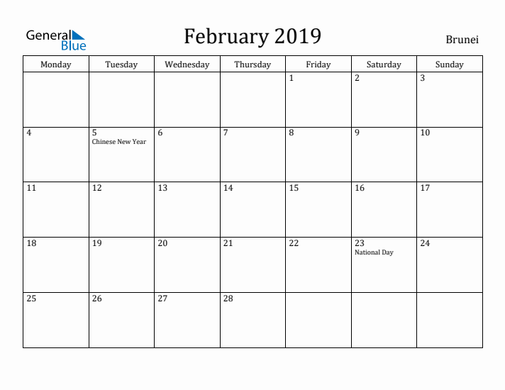 February 2019 Calendar Brunei