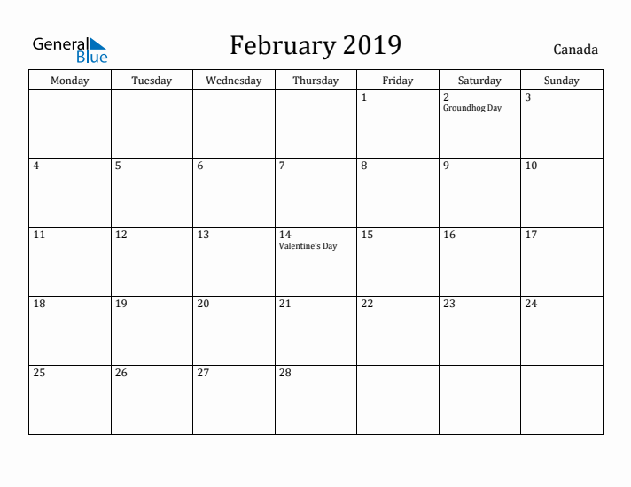 February 2019 Calendar Canada