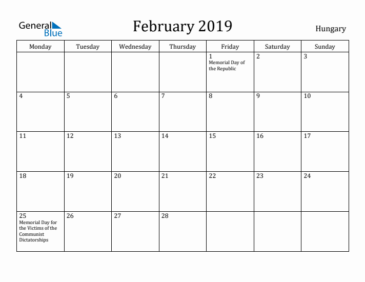 February 2019 Calendar Hungary