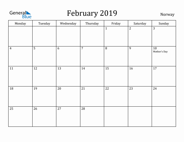 February 2019 Calendar Norway