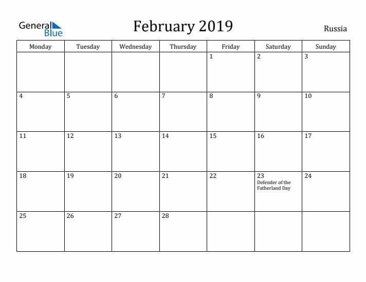 February 2019 Calendar Russia