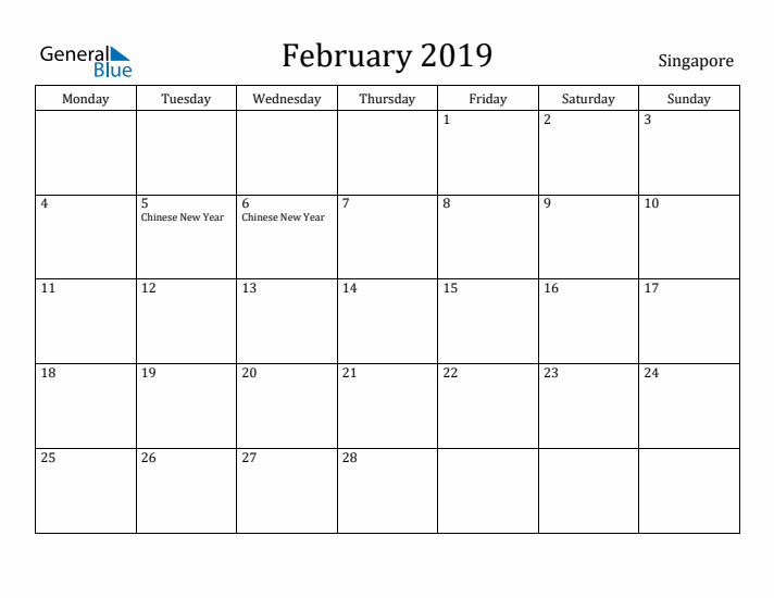 February 2019 Calendar Singapore