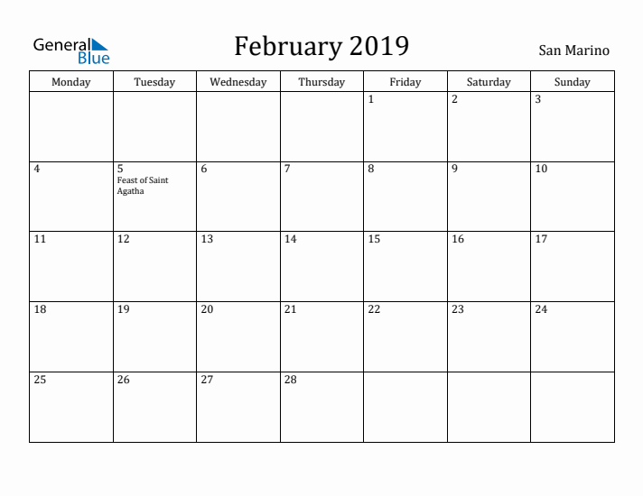 February 2019 Calendar San Marino