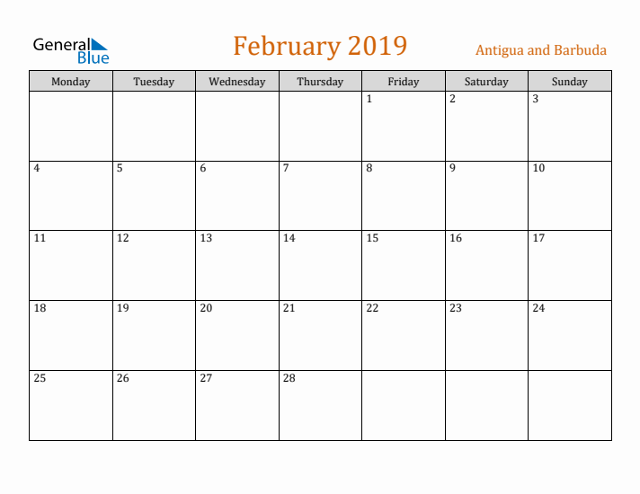 February 2019 Holiday Calendar with Monday Start