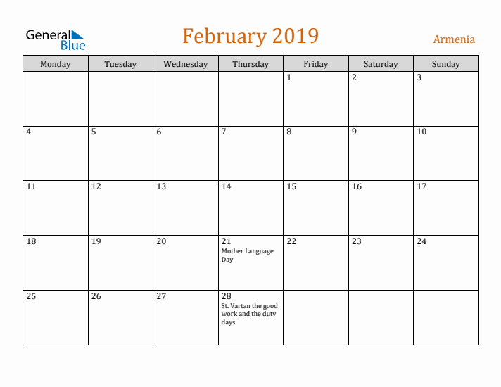 February 2019 Holiday Calendar with Monday Start