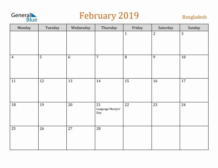 February 2019 Holiday Calendar with Monday Start