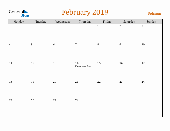 February 2019 Holiday Calendar with Monday Start