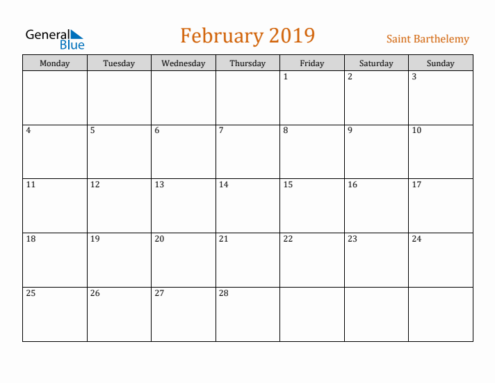 February 2019 Holiday Calendar with Monday Start