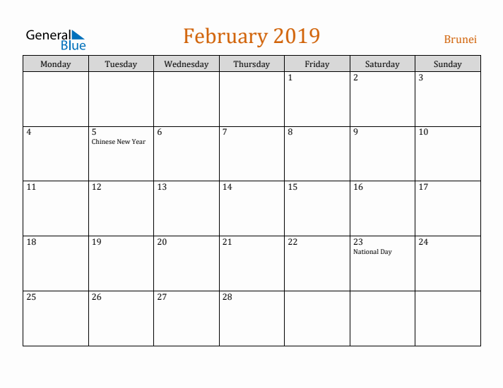 February 2019 Holiday Calendar with Monday Start