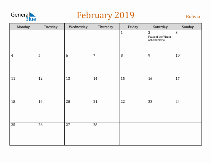 February 2019 Holiday Calendar with Monday Start