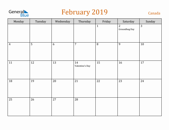 February 2019 Holiday Calendar with Monday Start