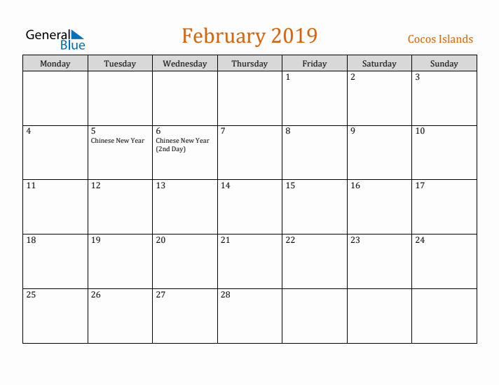 February 2019 Holiday Calendar with Monday Start