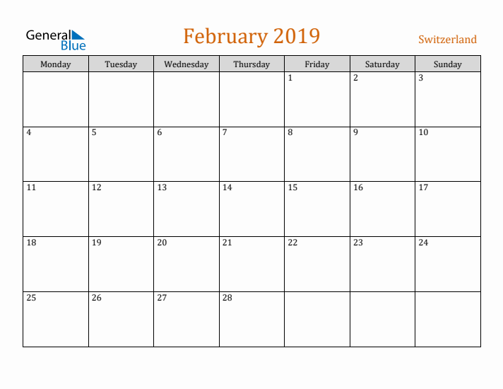 February 2019 Holiday Calendar with Monday Start