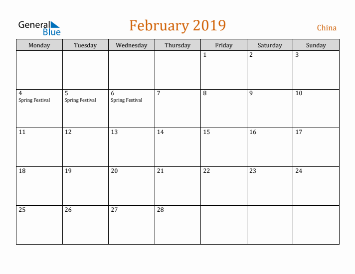 February 2019 Holiday Calendar with Monday Start