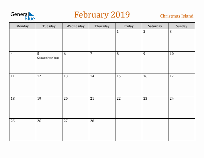 February 2019 Holiday Calendar with Monday Start