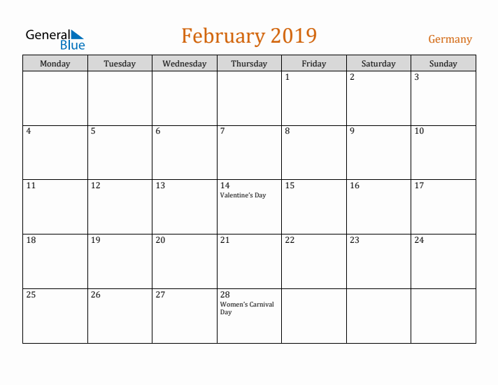 February 2019 Holiday Calendar with Monday Start