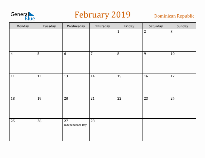 February 2019 Holiday Calendar with Monday Start